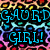 Pixelated static image with bold cyan text 'GARD GIRL!' on black background, surrounded by colorful pixelated border.