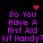 Purple pixelated text on black background with animated red heart and starburst symbols, repeating 'Do You Have A First Aid Kit Handy?' four times.