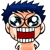 Pixelated cartoon character with spiky blue hair, large round glasses, and an open mouth showing teeth against a gray background.