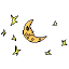 Animated sequence of yellow crescent moons with black spots surrounded by yellow stars on white background
