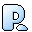 Four pixelated light blue 'R' characters with black outlines on gray background, each paired with a distinct small shape below.