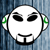 Pixelated white circular face with black eyes and mouth, green accents on sides, against blue striped background.