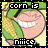 Pixelated cartoon face with wide grin, green hair, and text 'corn is niice' on a yellow-green background.