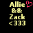 Pixelated text displays 'Allie', 'B&B', 'Zack', and '<333' in yellow on black background with a pink heart symbol above the first frame.