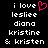 Pixelated text list with a pink heart symbol replacing the 'o' in 'love', displayed on black background.