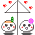 Pixelated character with white face, black eyes, pink mouth, red cheeks; alternates between green cactus and purple flower headwear while hearts float above.