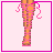 Pixel art contact sheet of a blonde doll character in various poses and text frames with pink accents on light pink background.