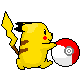 Yellow cartoon character with black stripes and red cheeks holds a red-and-white spherical object that changes from intact to cracked, then splits into two halves while emitting red liquid.