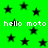 Green background with black stars and repeated white text 'hello moto' in pixelated font.