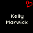 Red pixelated heart symbol above two identical white text blocks reading 'Kelly Marwick' on black background.