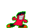 Red cartoon character with green outline, white teeth, black sunglasses, and orange feet in various poses against gray background.