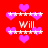 Red background with pink hearts and white text reading 'Will' surrounded by white cross-shaped borders.