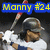 Pixelated image of a baseball player in a white uniform swinging a bat, with a blue banner displaying yellow text "Manny #24" above.