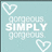 Light blue background with white pixelated hearts and text reading "gorgeous SIMPLY gorgeous" in three lines.