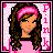 Pixelated icon of a person with long dark hair wearing a pink headband and light pink top against a checkered background.