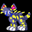 Animated pixel art of a yellow and blue spotted creature with pink ears, walking on white feet against black background transitioning to blue water.