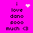 A bright pink background displays the text "i love dano sooo much <3" in black pixelated font, with a white heart symbol above the 'i' and a white starburst animation to its right.