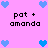 Pixelated icon with pink background, blue hearts at corners and center, black text 'pat + amanda' repeated four times.