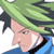 Pixelated close-up of a character with green hair and blue clothing against white background
