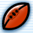 Pixelated rugby ball icon with black outline, orange body, and white stitching details on light blue striped background.