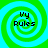 Four identical spiral patterns with alternating green and cyan rings, each containing the text 'Vy Rules' in black pixelated font.