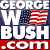 A pixelated graphic with 'GEORGE W BUSH .com' text over an American flag, next to a photo of two people in white shirts.