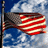 Static pixelated image of a flag with red and white stripes, dark blue field, and light gray cloud background on a pole.