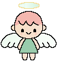 Pixel art angel with pink hair, white wings, and a green dress stands on gray background; halo floats above head.