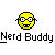 Pixelated yellow circular face with black glasses, wide eyes, and a toothy grin above black-and-white text reading "Nerd Buddy" on gray background.