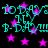 Cyan text and pink stars repeat across a black background in an animated pattern with visible pixelation.