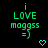 Green pixelated text 'i LOVE moggss =' with a cyan heart icon on black background, showing animation change in the heart's brightness.