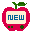 Pixel art contact sheet of two animated frames showing a red apple-shaped icon with green stem and leaves, featuring a white rectangular display area that changes from 'NEW' text to empty in the second frame.