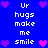 Blue background with white pixelated text reading 'Ur hugs make me smile' and pink/purple pixelated hearts arranged in a pattern