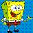 Pixelated cartoon character with yellow sponge-like texture, white shirt, red tie, brown shorts, blue shoes on blue background; adjacent show green spiral patterns and distorted text
