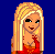 Pixel art contact sheet showing a blonde woman in red dress with text about love controlling hearts, displayed on blue background with gray transparency area.