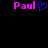 Pixelated text 'Paul' in bright pink on black background with blue heart symbol between two instances of the name.