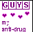 Pixelated static icon with purple text and hearts on white background, featuring 'GUYS' at top, four pink-purple gradient hearts below, and distorted lowercase text at bottom.