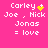 Pixelated text on bright pink background shows 'Carley' with yellow star, 'Joe , Nick Jonas = love', and animated sparkles changing from solid to scattered.
