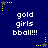 Blue background with repeated white text 'gold girls bball!!!' and yellow star animations in corners.