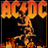 A 4-frame animated contact sheet showing AC/DC logo with a running stick figure character in various poses against black background, each frame featuring orange-yellow text and fiery effects.