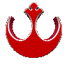 Red circular symbol with two curved arms and a central cross-like top, displayed in three of four icons each on gray background