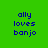 Four pixelated text display 'ally loves banjo' in blue on green, olive, orange, and brown backgrounds