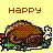 Pixelated Thanksgiving turkey image with four text labels on yellow background, each label paired with a turkey graphic.