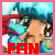 A pixelated character with blue hair and red clothing appears in four , each showing a different state of the word "FAN" below