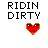 Pixelated text reads 'RIDIN DIRTY' above a red heart with white eyes on a multicolored pixel background.