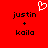 Red background with black text 'justin + kaila' in two identical side-by-side arrangements and a white pixelated heart symbol above the left arrangement.