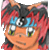 Pixelated character with red and black hair, blue headband, green eyes, orange skin; expression shifts from neutral to smiling across frames.