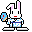 Pixel art rabbit with pink inner ears, red mouth, and blue-and-white checkered outfit holding a donut in one frame and a sword in another.