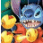 A 2x2 contact sheet of a pixelated animated icon featuring Stitch from Lilo & Stitch, with text dialogue on purple backgrounds and gray transparency background.