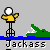 Pixelated character in yellow shirt stands on blue platform with green crocodile head; text "Jackass" below.